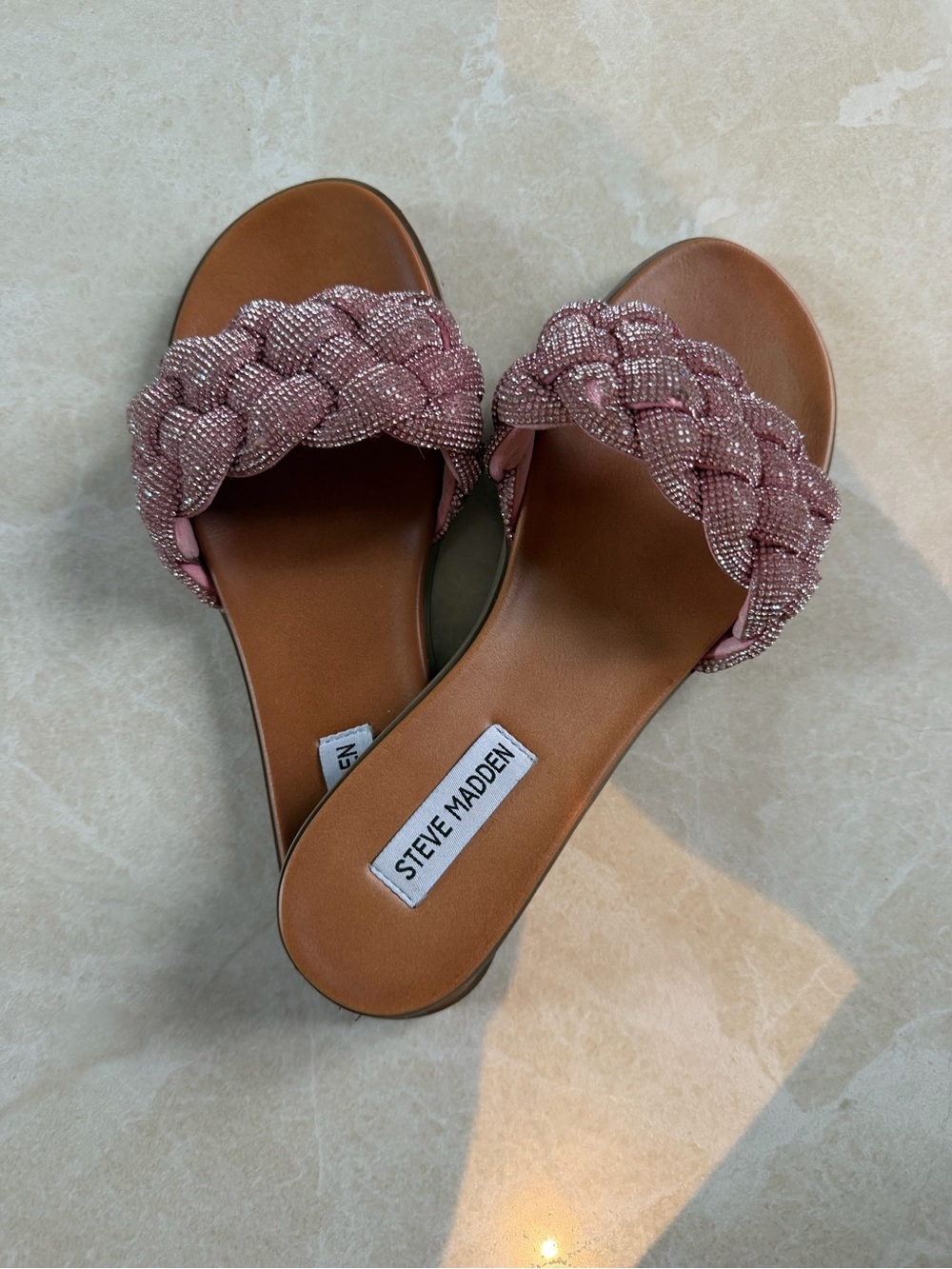 Steve Madden Rose Pink Beaded Braided Slide Sandals